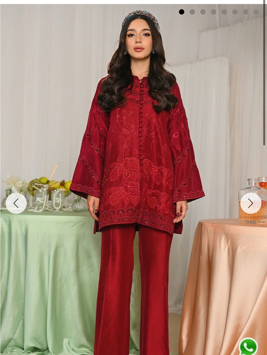 Ansab Jahangir Other - Elegant Red Embroidered Women’s Kimono & Trousers Set